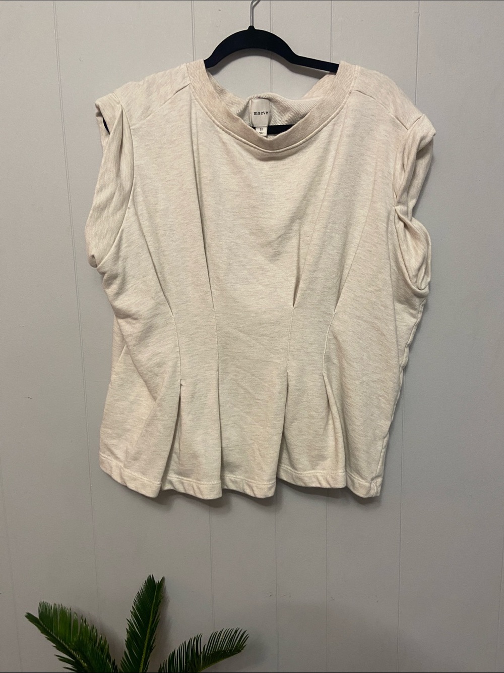 Maeve Cream Sleeveless Pleated sweatshirt. One stitch missing sleeve 2x coquette
